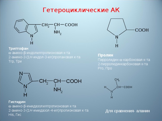 Гетероциклические АК Триптофан  - амино-  - индолилпропионовая к-та 2- амино -3-(1 H - индол -3- ил ) пропановая к-та Trp, Три Пролин Пирролидин-  - карбоновая к-та 2-пирролидинкарбоновая к-та Pro, Про Гистидин  - амино-  - имидазолилпропионовая к-та 2- амино -3-(1 H - имидазол -4- ил ) пропионовая к-та His, Гис Для сравнения- аланин