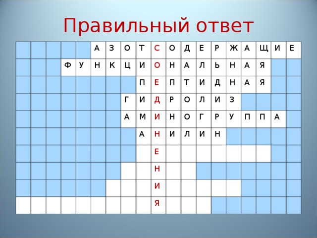 Правильный ответ Ф А У Н З К О Т Ц С И Г П О О И А Е Д Н М Д П А Е И А Л Р Р Т Н О Н И Ь Ж Е А И Д О Н Л Н И А Щ Л Н Г И И А И Р З Я Я У Я Н Е П П А