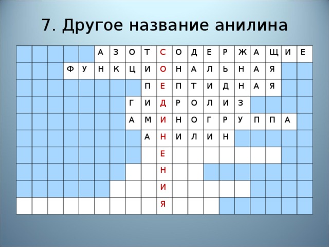 7. Другое название анилина Ф А У Н З К О Т Ц С И Г П О О И А Е Д Н М Д П А Е И А Л Р Р Т Н О Н И Ь Ж Е А И Д О Н Л Н И А Щ Л Н Г И И А И Р З Я Я У Я Н Е П П А