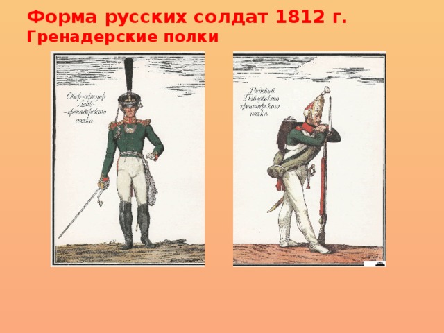 Форма русских солдат 1812 г.  Гренадерские полки