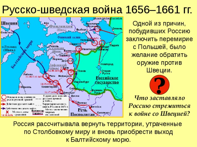 Русско-шведская война 1656–1661 гг. Одной из причин, побудивших Россию заключить перемирие с Польшей, было желание обратить оружие против Швеции. Что заставляло Россию стремиться  к войне со Швецией? ? Россия рассчитывала вернуть территории, утраченные  по Столбовкому миру и вновь приобрести выход  к Балтийскому морю.