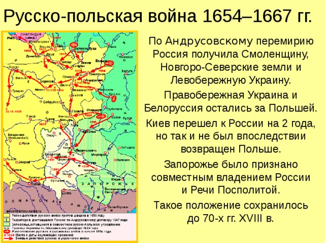 Русско-польская война 1654–1667 гг. По Андрусовскому перемирию Россия получила Смоленщину, Новгоро-Северские земли и Левобережную Украину. Правобережная Украина и Белоруссия остались за Польшей. Киев перешел к России на 2 года, но так и не был впоследствии возвращен Польше. Запорожье было признано совместным владением России  и Речи Посполитой. Такое положение сохранилось  до 70-х гг. XVIII в.