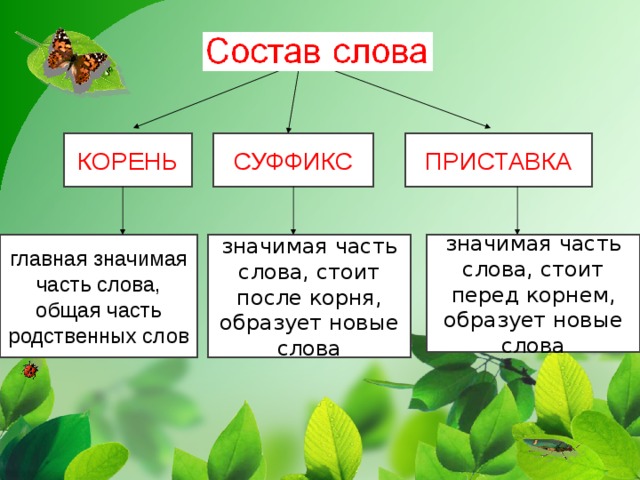 КОРЕНЬ СУФФИКС ПРИСТАВКА главная значимая часть слова, общая часть родственных слов  значимая часть слова, стоит после корня, образует новые слова значимая часть слова, стоит перед корнем, образует новые слова