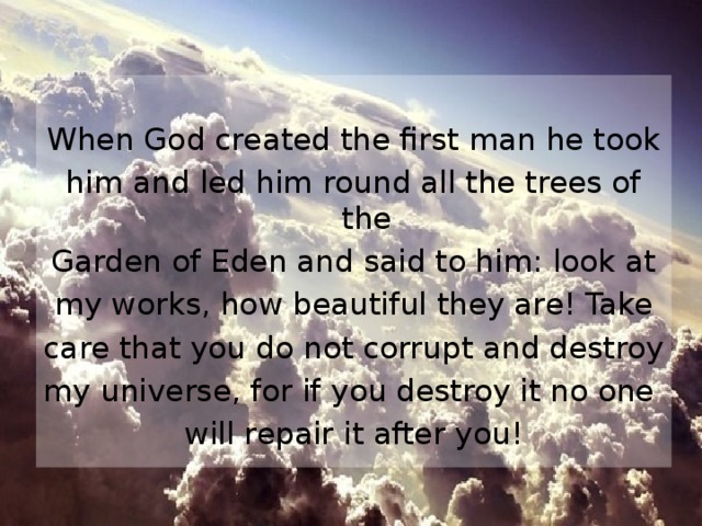 When God created the first man he took him and led him round all the trees of the Garden of Eden and said to him: look at my works, how beautiful they are! Take care that you do not corrupt and destroy my universe, for if you destroy it no one will repair it after you!