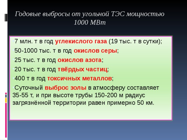 Годовые выбросы от угольной ТЭС мощностью 1000 МВт