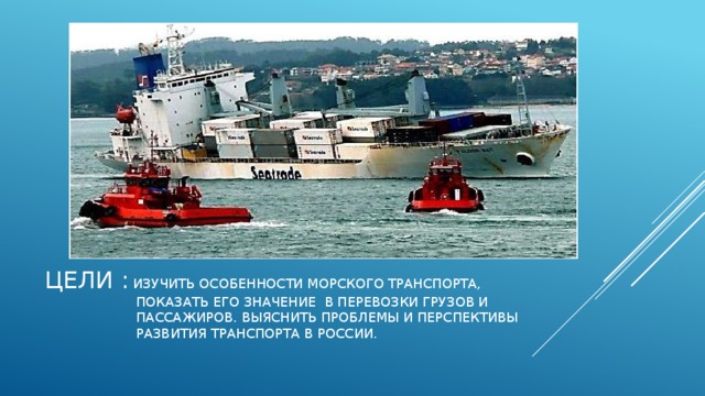 Цели : Изучить особенности морского транспорта,  показать его значение в перевозки грузов и  пассажиров. Выяснить проблемы и перспективы  развития транспорта в россии.