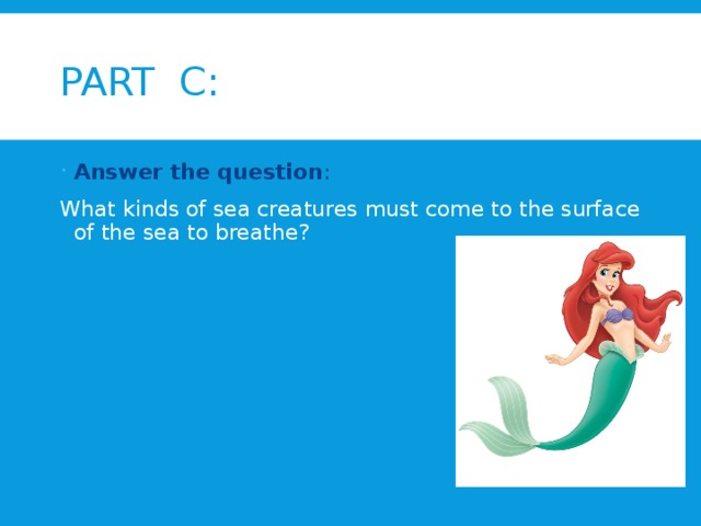 PART C: Answer the question : What kinds of sea creatures must come to the surface of the sea to breathe?
