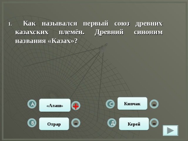 1. Как назывался первый союз древних казахских племён. Древний синоним названия «Казах»?      Кипчак «Алаш» С А - + Отрар Керей Д В - -