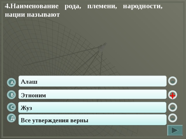 4.Наименование рода, племени, народности, нации называют Алаш - А Этноним + В Жуз С - Д Все утверждения верны -