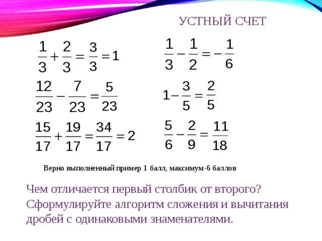 УСТНЫЙ СЧЕТ Верно выполненный пример 1 балл, максимум-6 баллов Чем отличается первый столбик от второго? Сформулируйте алгоритм сложения и вычитания дробей с одинаковыми знаменателями.