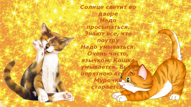 Солнце светит во дворе Надо просыпаться. Знают все, что поутру Надо умываться. Очень часто, язычком, Кошка умывается. Быть опрятною всегда Мурочка старается.