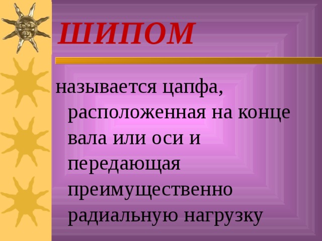 ШИПОМ называется цапфа, расположенная на конце вала или оси и передающая преимущественно радиальную нагрузку