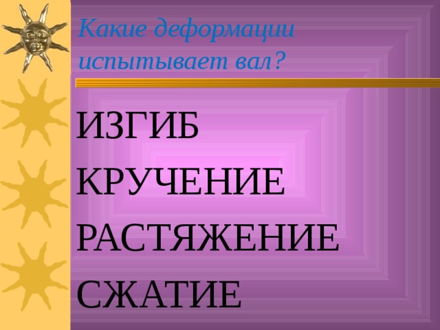 Какие деформации испытывает вал? ИЗГИБ КРУЧЕНИЕ РАСТЯЖЕНИЕ СЖАТИЕ