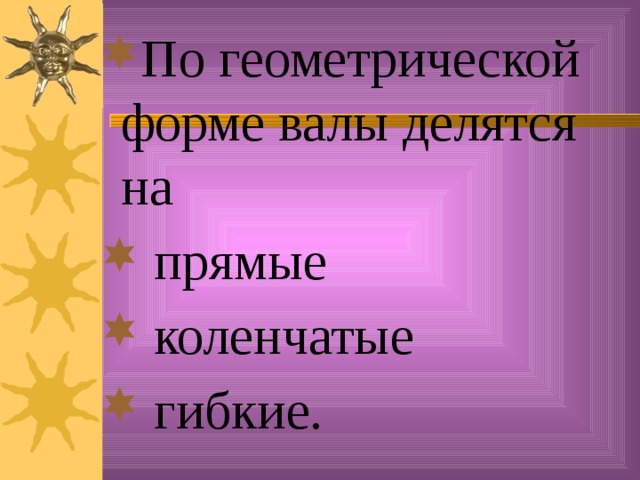 По геометрической форме валы делятся на  прямые  коленчатые  гибкие.