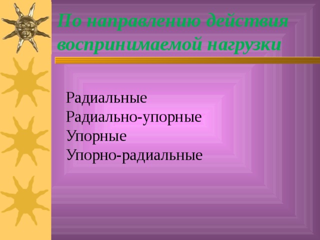 По направлению действия воспринимаемой нагрузки Радиальные Радиально-упорные Упорные Упорно-радиальные