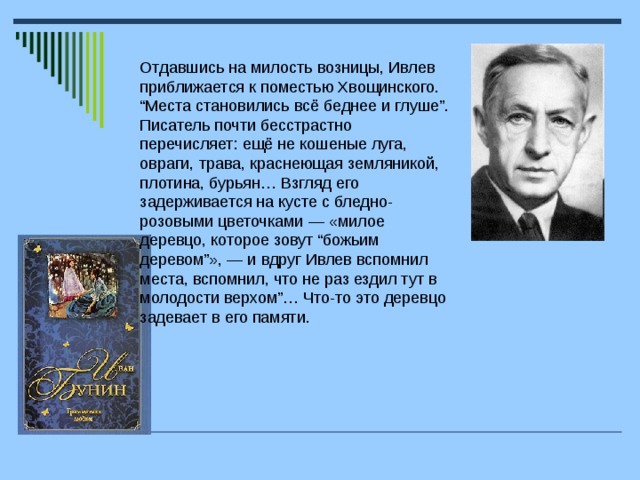 Отдавшись на милость возницы, Ивлев приближается к поместью Хвощинского. “Места становились всё беднее и глуше”. Писатель почти бесстрастно перечисляет: ещё не кошеные луга, овраги, трава, краснеющая земляникой, плотина, бурьян… Взгляд его задерживается на кусте с бледно-розовыми цветочками — «милое деревцо, которое зовут “божьим деревом”», — и вдруг Ивлев вспомнил места, вспомнил, что не раз ездил тут в молодости верхом”… Что-то это деревцо задевает в его памяти.