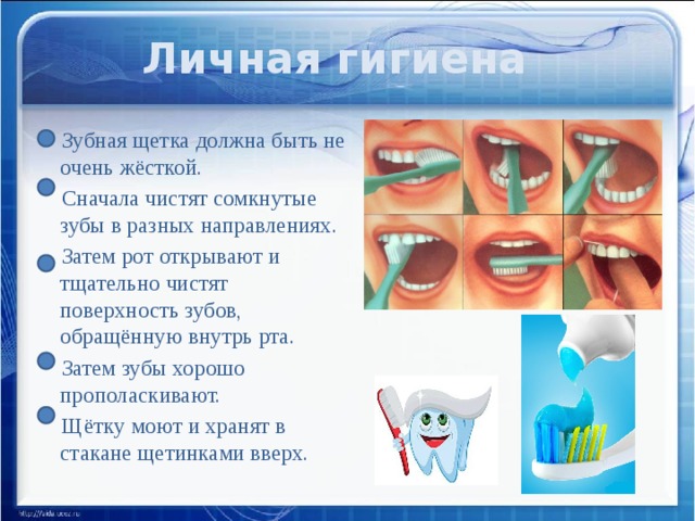Личная гигиена  Зубная щетка должна быть не очень жёсткой.  Сначала чистят сомкнутые зубы в разных направлениях.  Затем рот открывают и тщательно чистят поверхность зубов, обращённую внутрь рта.  Затем зубы хорошо прополаскивают.  Щётку моют и хранят в стакане щетинками вверх.