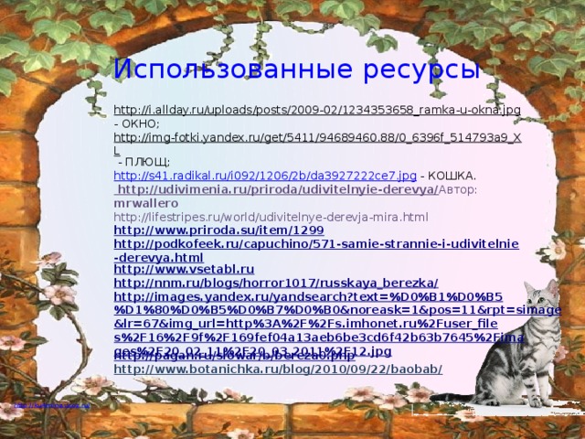 Использованные ресурсы http://i.allday.ru/uploads/posts/2009-02/1234353658_ramka-u-okna.jpg  - ОКНО; http://img-fotki.yandex.ru/get/5411/94689460.88/0_6396f_514793a9_XL  - ПЛЮЩ; http://s41.radikal.ru/i092/1206/2b/da3927222ce7.jpg  - КОШКА. http://udivimenia.ru/priroda/udivitelnyie-derevya/ Автор: mrwallero http://lifestripes.ru/world/udivitelnye-derevja-mira.html http://www.priroda.su/item/1299 http://podkofeek.ru/capuchino/571-samie-strannie-i-udivitelnie-derevya.html http://www.vsetabl.ru http://nnm.ru/blogs/horror1017/russkaya_berezka/ http://images.yandex.ru/yandsearch?text=%D0%B1%D0%B5%D1%80%D0%B5%D0%B7%D0%B0&noreask=1&pos=11&rpt=simage&lr=67&img_url=http%3A%2F%2Fs.imhonet.ru%2Fuser_files%2F16%2F9f%2F169fef04a13aeb6be3cd6f42b63b7645%2Fimages%2F20_02_11%2F20_03_2011%2F12.jpg http://pagan.ru/slowar/b/bereza0.php http://www.botanichka.ru/blog/2010/09/22/baobab/