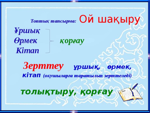 Топтық тапсырма:  Ой шақыру Ұршық Өрмек қорғау   Кітап    Зерттеу  ұршық, өрмек, кітап (оқушыларға таратылып зерттеледі)   толықтыру, қорғау