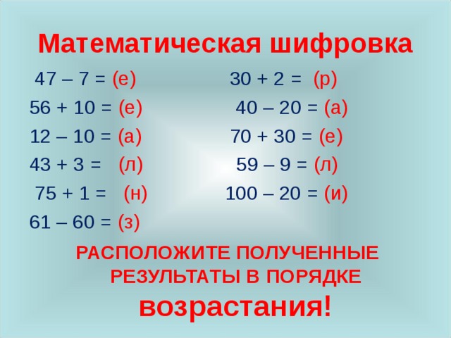 Математическая шифровка 47 – 7 = (е) 30 + 2 = (р) 56 + 10 = (е) 40 – 20 = (а) 12 – 10 = (а) 70 + 30 = (е) 43 + 3 = (л) 59 – 9 = (л)   75 + 1 = (н) 100 – 20 = (и) 61 – 60 = (з) РАСПОЛОЖИТЕ ПОЛУЧЕННЫЕ РЕЗУЛЬТАТЫ В ПОРЯДКЕ возрастания!