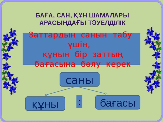 Баға, сан, құн шамалары Арасындағы тәуелділік Заттардың санын табу үшін,  құнын бір заттың  бағасына бөлу керек саны бағасы : құны :