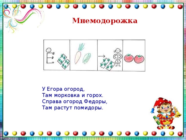 Мнемодорожка У Егора огород, Там морковка и горох. Справа огород Федоры, Там растут помидоры.