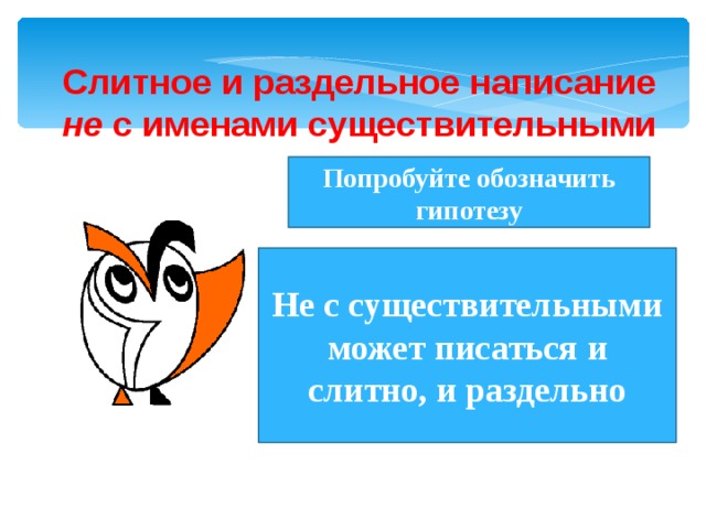 Слитное и раздельное написание не с именами существительными Попробуйте обозначить гипотезу Не с существительными может писаться и слитно, и раздельно