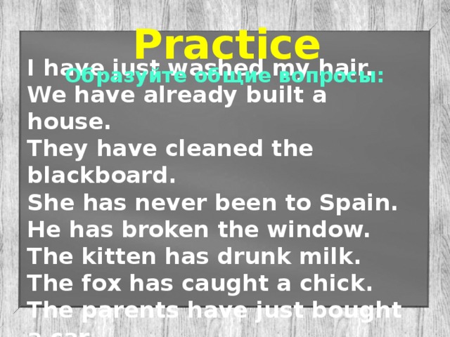 Practice I have just washed my hair. We have already built a house. They have cleaned the blackboard. She has never been to Spain. He has broken the window. The kitten has drunk milk. The fox has caught a chick. The parents have just bought a car. Образуйте общие вопросы: