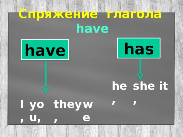 Спряжение глагола have has have he, she, it I, we you, they,