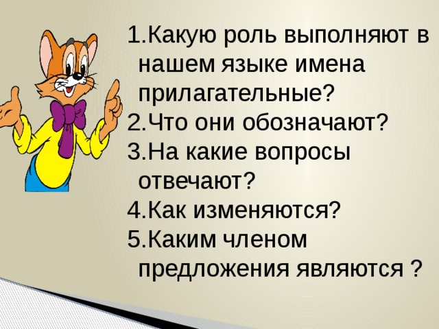 Какую роль выполняют в нашем языке имена прилагательные? Что они обозначают? На какие вопросы отвечают? Как изменяются? Каким членом предложения являются ?