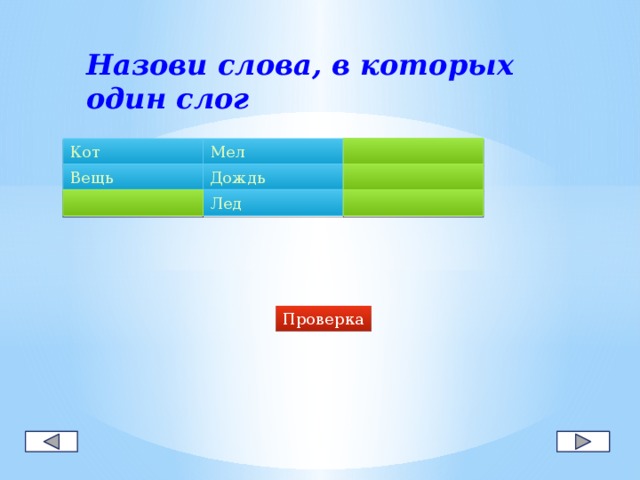 Назови слова, в которых один слог Кот Мел Окно Вещь Дождь Кружка Одежда Мама Лед Проверка