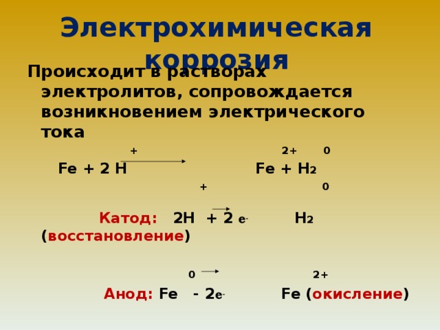 Электрохимическая коррозия Происходит в растворах электролитов, сопровождается возникновением электрического тока    +  2+  0  Fe + 2 H  Fe + H 2  + 0    Катод:  2Н + 2 е - Н 2 ( восстановление )     0   2+  Анод: Fe - 2 е -    Fe ( окисление )