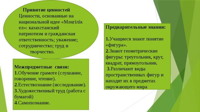 Привитие ценностей Ценности, основанные на национальной идее «Мәңгілік ел»: казахстанский патриотизм и гражданская ответственность; уважение; сотрудничество; труд и  творчество. Предварительные знания: 1. Учащиеся знают понятие «фигура». 2 .Знают геометрические фигуры: треугольник, круг, квадрат, прямоугольник.  3 .Различают виды пространственных фигур и находят их в предметах окружающего мира Межпредметные связи: 1 .Обучение грамоте (слушание, говорение, чтение). 2 .Естествознание (исследование). 3 .Художественный труд (работа с бумагой) 4 .Самопознание.