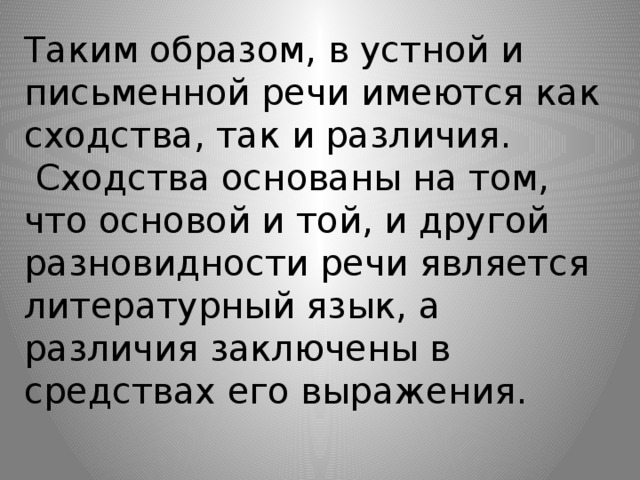 Таким образом, в устной и письменной речи имеются как сходства, так и различия.  Сходства основаны на том, что основой и той, и другой разновидности речи является литературный язык, а различия заключены в средствах его выражения.