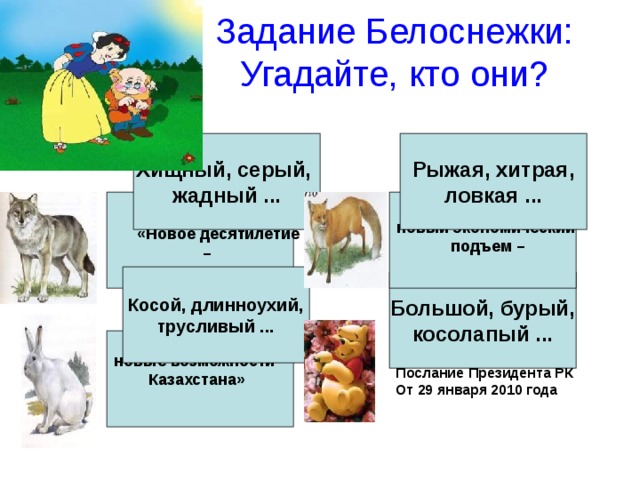 Задание Белоснежки:  Угадайте, кто они? Хищный, серый, Рыжая, хитрая, ловкая ... жадный ... новый экономический подъем – «Новое десятилетие – Косой, длинноухий, трусливый ... Большой, бурый, косолапый ... Послание Президента РК От 29 января 2010 года новые возможности Казахстана»