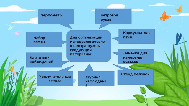 термометр Ветровой рукав Кормушка для птиц Для организации метеорологического центра нужны следующий материалы: Набор семян Линейка для измерения осадков Картотеки наблюдений Увеличительные стекла Стенд меловой Журнал наблюдений