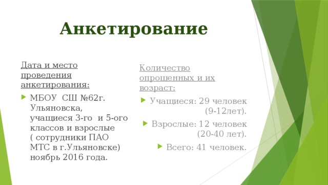 Анкетирование Дата и место проведения анкетирования: Количество опрошенных и их возраст: