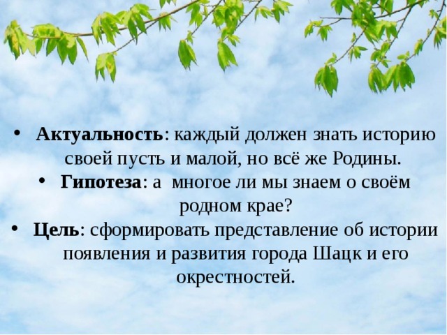 Актуальность : каждый должен знать историю своей пусть и малой, но всё же Родины. Гипотеза : а многое ли мы знаем о своём родном крае? Цель : сформировать представление об истории появления и развития города Шацк и его окрестностей.