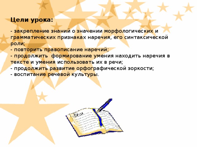 Цели урока:   - закрепление знаний о значении морфологических и грамматических признаках наречия, его синтаксической роли;  - повторить правописание наречий;  - продолжить формирование умения находить наречия в тексте и умения использовать их в речи;  - продолжить развитие орфографической зоркости;  - воспитание речевой культуры.