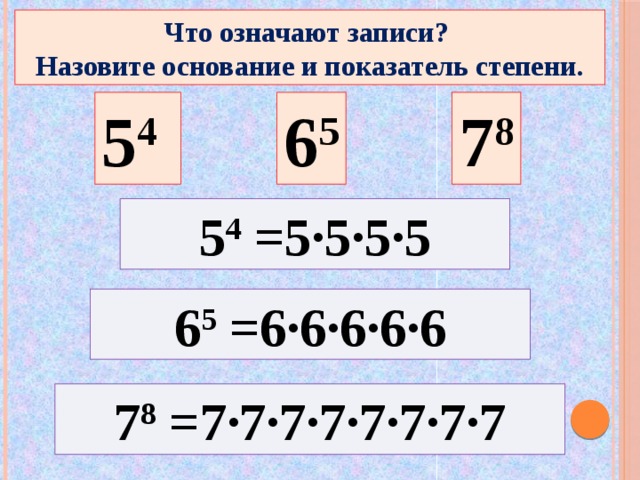 Что означают записи? Назовите основание и показатель степени. 5 4 6 5 7 8 5 4 =5·5·5·5 6 5 =6·6·6·6·6 7 8 =7·7·7·7·7·7·7·7