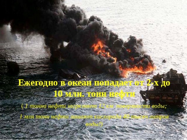 Бытовой мусор Ежегодно в океан попадает от 2-х до 10 млн. тонн нефти ( 1 тонна нефти загрязняет 12 км поверхности воды; 1 млн тонн нефти лишают кислорода 40 тысяч литров воды!)