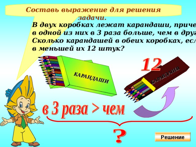 КАРАНДАШИ  КАРАНДАШИ  КАРАНДАШИ  КАРАНДАШИ  Составь выражение для решения задачи. В двух коробках лежат карандаши, причем в одной из них в 3 раза больше, чем в другой. Сколько карандашей в обеих коробках, если в меньшей их 12 штук? Решение