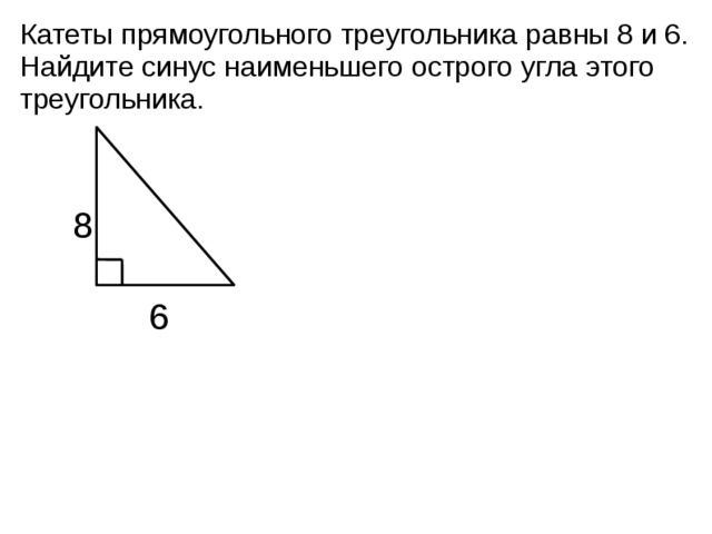 Катеты прямоугольного треугольника равны 8 и 6. Найдите синус наименьшего острого угла этого треугольника. 8 6