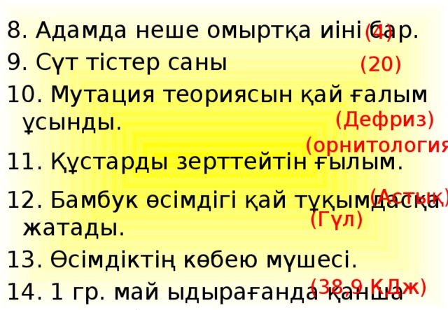 8. Адамда неше омыртқа иіні бар. 9. Сүт тістер саны 10. Мутация теориясын қай ғалым ұсынды. 11. Құстарды зерттейтін ғылым. 12. Бамбук өсімдігі қай тұқымдасқа жатады. 13. Өсімдіктің көбею мүшесі. 14. 1 гр. май ыдырағанда қанша энергия бөлінеді. (4) (20) (Дефриз) (орнитология) (Астық) (Гүл) (38,9 КДж)