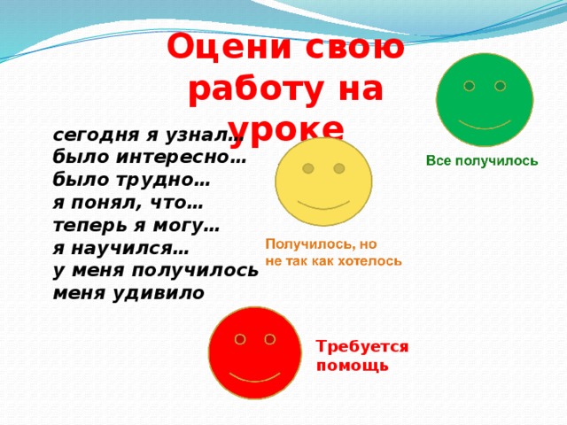 Оцени свою работу на уроке сегодня я узнал… было интересно… было трудно… я понял, что… теперь я могу… я научился… у меня получилось меня удивило Требуется помощь