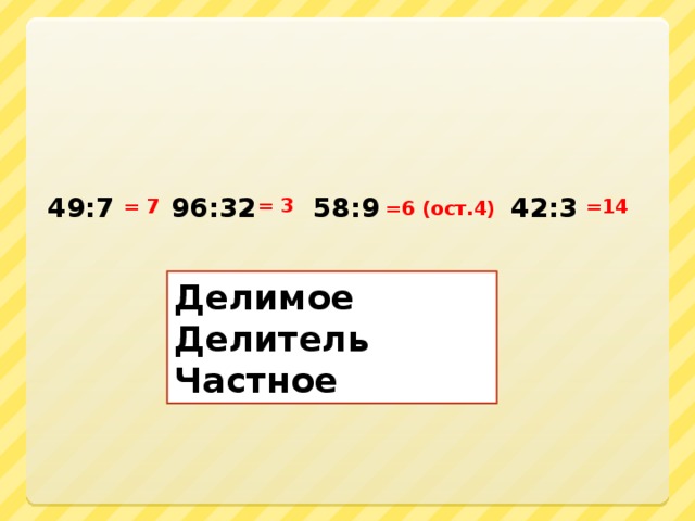 49:7  96:32 58:9 42:3  = 3  = 7 =14 =6 (ост.4) Делимое Делитель Частное