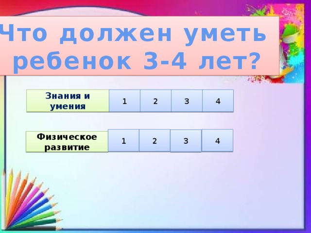 Что должен уметь ребенок 3-4 лет? Знания и умения 1 2 3 4 1 2 4 3 Физическое развитие