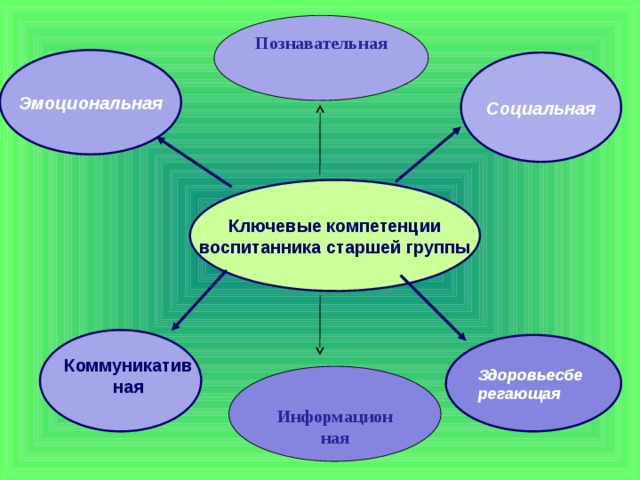 Познавательная Эмоциональная Социальная Ключевые компетенции воспитанника старшей группы Здоровьесбе регающая Коммуникативная  Информацион ная