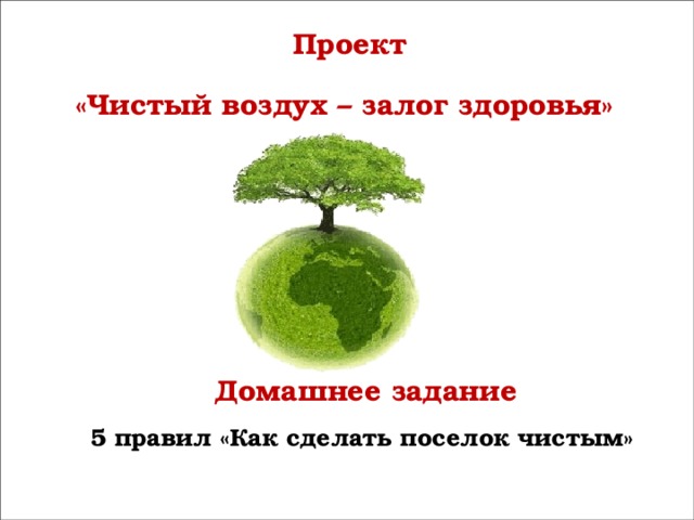 Проект «Чистый воздух – залог здоровья»  Домашнее задание 5 правил «Как сделать поселок чистым»