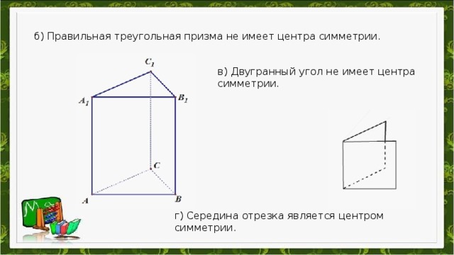 б) Правильная треугольная призма не имеет центра симметрии. в) Двугранный угол не имеет центра симметрии. г) Середина отрезка является центром симметрии .